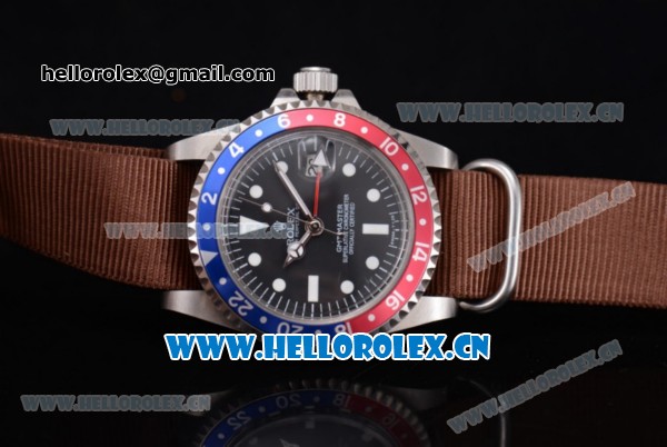 Rolex GMT-Master Asia 2813 Automatic Steel Case with Black Dial Brown Nylon Strap and Dot Markers - Click Image to Close